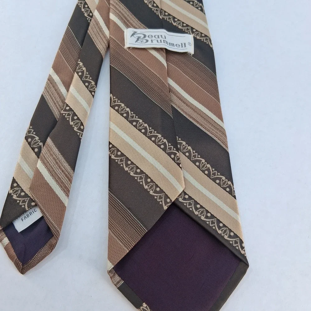 Beau Brummell Necktie Mens Brown Tan Striped Vintage Geometric Embroidered Tie